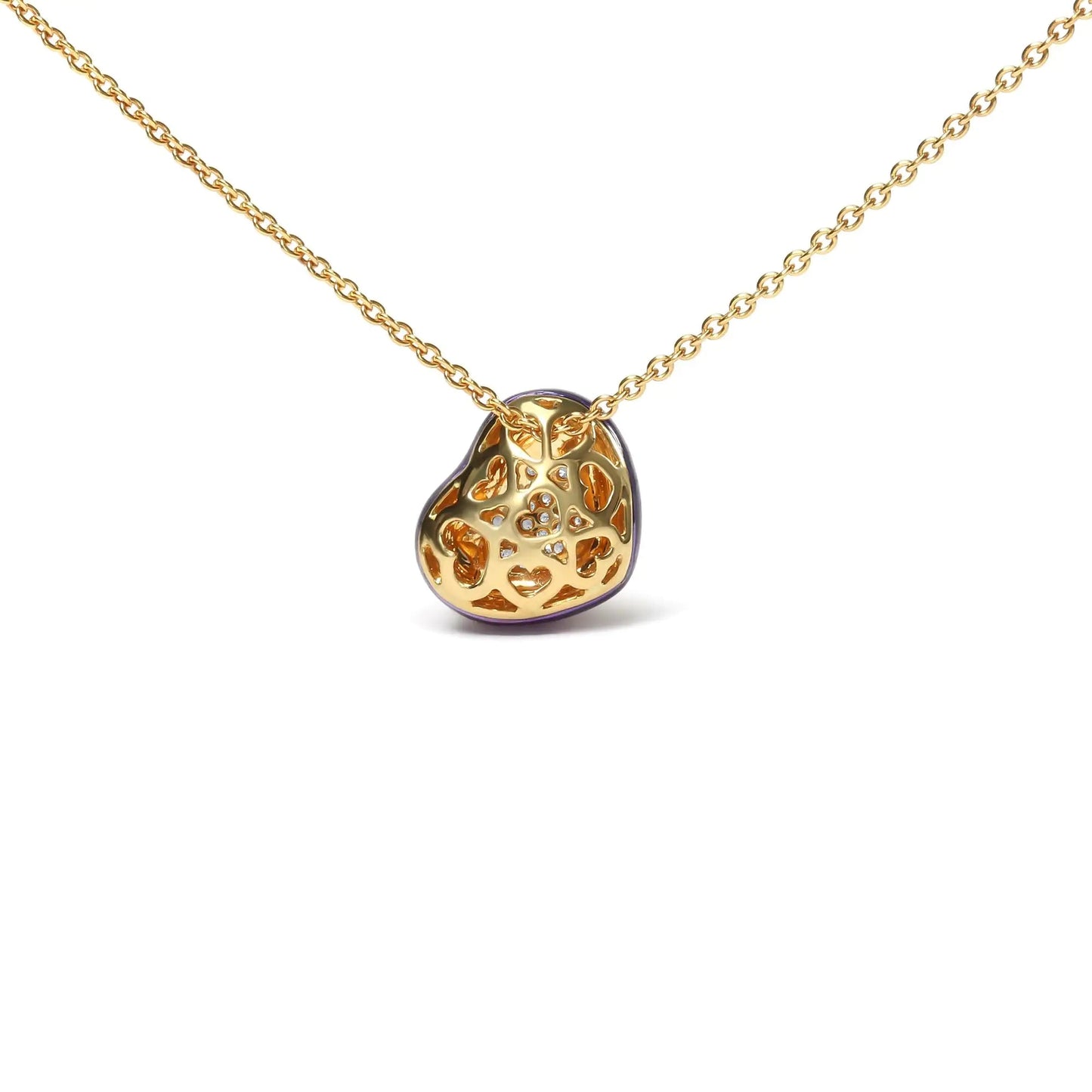 18K Yellow Gold Blue Enamel 1/10 Cttw Round Pave Diamonds Heart Shape 18" Pendant Necklace  (G-H Color, SI1-SI2 Clarity) - Adjustable up to 16" - 18" WEM Support (www.WEM.support)