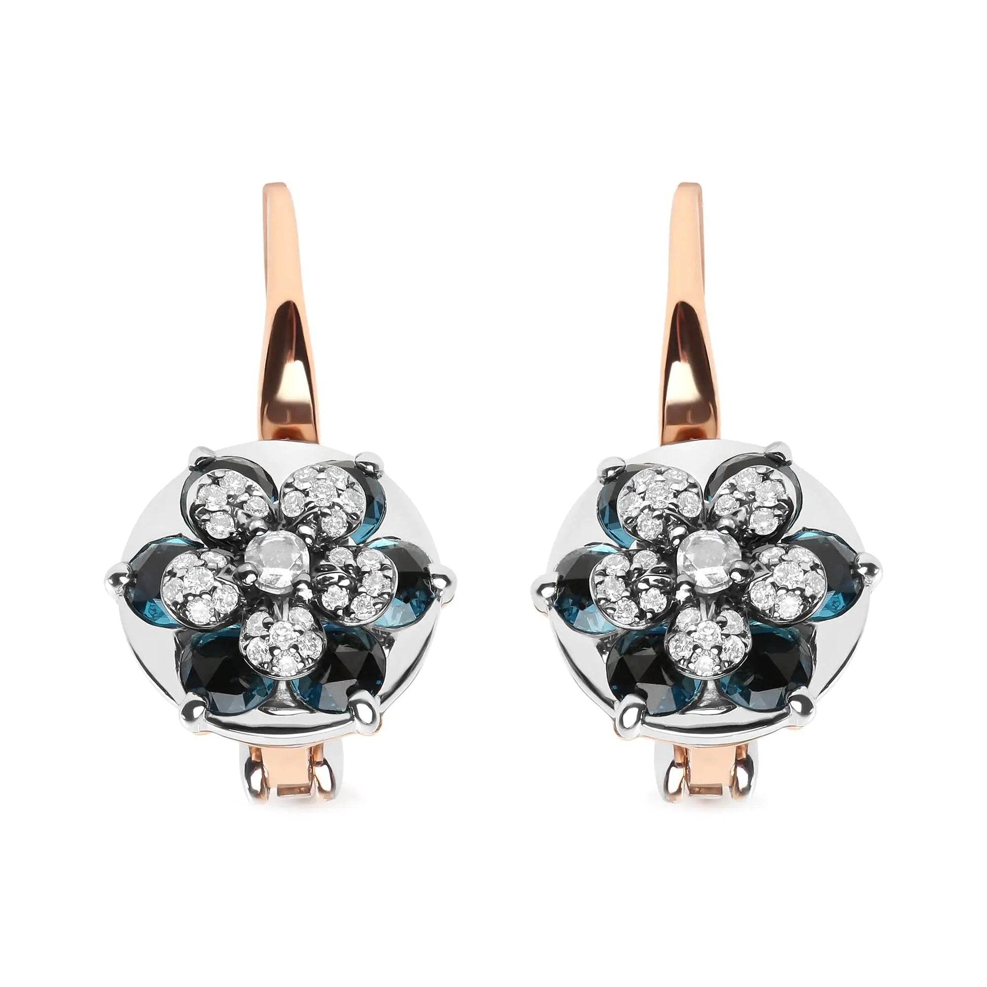 18K Rose and White Gold 1/3 Cttw Round Diamonds and Round London Blue Topaz Gemstone Cluster Floral Drop Hoop Earrings (G-H Color, SI1-SI2 Clarity) WEM Support (www.WEM.support)