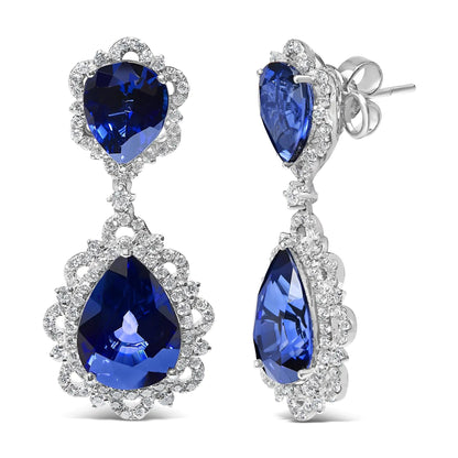 18K White Gold Blue Sapphire and Diamond 2.00 Cttw Diamond Halo Drop and Dangle Earring (G-H Color, SI1-SI2 Clarity) WEM Support (www.WEM.support)