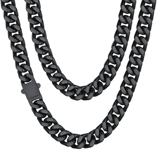 ChainsHouse Stainless Steel Mens Cuban Link Chain, Black/18K Gold Miami Cuban Chain Necklace, 5/7/9mm/12mm Width, No Tarnish& Durable Hip Hop Mens Jewelry, 18"-30", Send Gift Box 20 inches d. 12mm width-black My Store