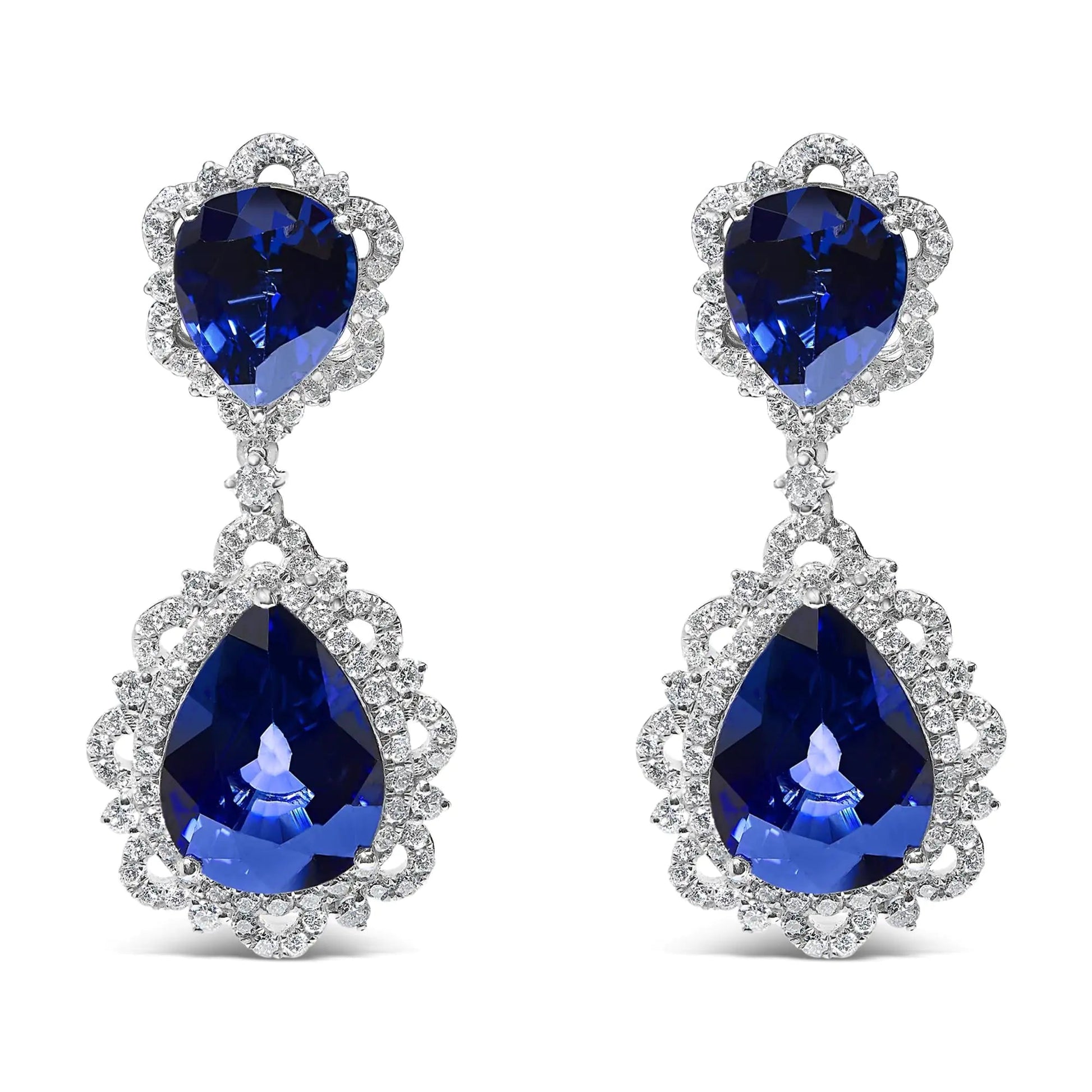 18K White Gold Blue Sapphire and Diamond 2.00 Cttw Diamond Halo Drop and Dangle Earring (G-H Color, SI1-SI2 Clarity) WEM Support (www.WEM.support)