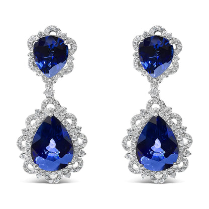 18K White Gold Blue Sapphire and Diamond 2.00 Cttw Diamond Halo Drop and Dangle Earring (G-H Color, SI1-SI2 Clarity) WEM Support (www.WEM.support)