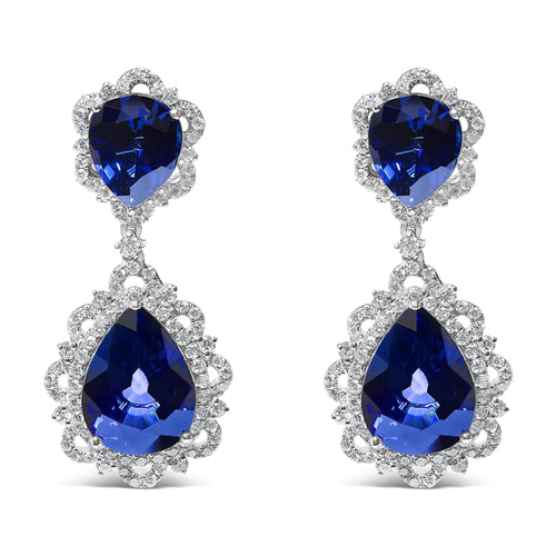 18K White Gold Blue Sapphire and Diamond 2.00 Cttw Diamond Halo Drop and Dangle Earring (G-H Color, SI1-SI2 Clarity) WEM Support (www.WEM.support)