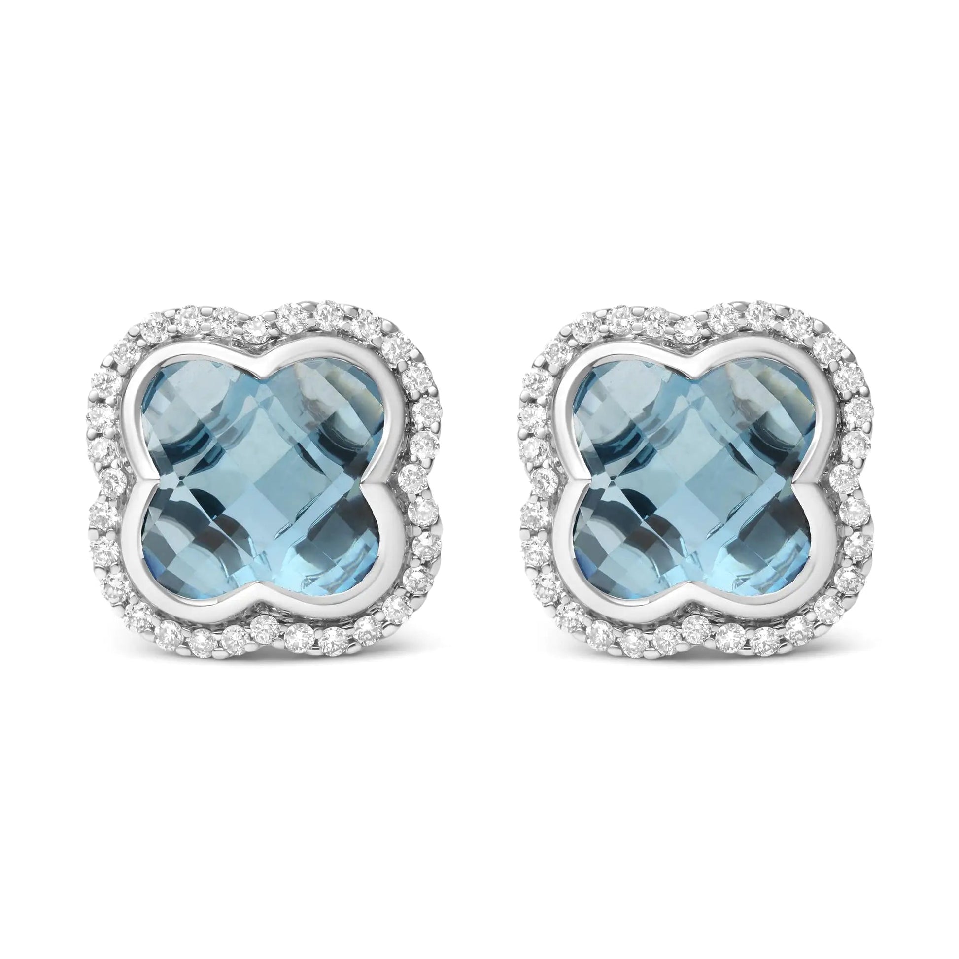 18K White Gold 3/8 Cttw Diamond and 11x11mm Clover-Cut London Blue Topaz Gemstone Halo Clover Stud Earrings (G-H Color, SI1-SI2 Clarity) WEM Support (www.WEM.support)