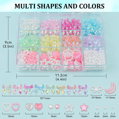 600 Pcs 3D Nail Charms and Flatback Pearls #10, 6 Colors Bow + Pink&White Star Heart Moon Cute Charms + 2-6mm White Pearls for Nail Art Design with Nail Charm Glue(UV Needed) and Pickup Tools Set 11- 8 Colors with Glue 3D Nail Art Set My Store