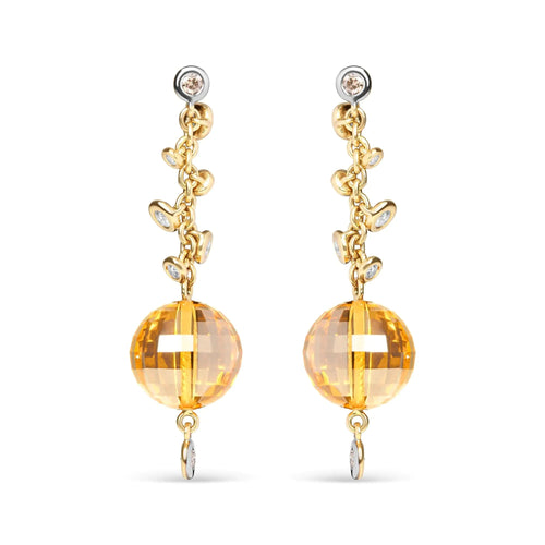 18K Yellow Gold 2/3 Cttw Round Bezel Diamond and 25mm Ball Shaped Yellow Citrine Gemstone Dangle Stud Earring (Brown and G-H Color, SI1-SI2 Clarity) WEM Support (www.WEM.support)